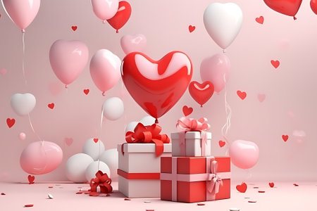 celebration valentine day with gift box with velvet ribbon and paper decoration on beautiful backgroundの素材