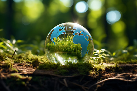 Renewable energy concept Earth Day or environment protection Hands protect forests that grow on the ground and help save the world.の素材