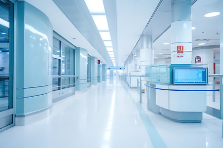 The decoration of the nursing staff's desks inside the new hospital building is beautiful and pleasing to the eye.の素材