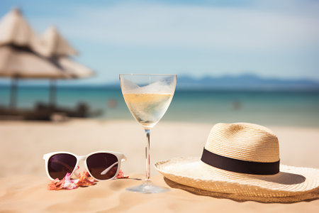 hat with a exotic cocktail and sunglasses on sand beachの素材