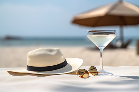 hat with a exotic cocktail and sunglasses on sand beachの素材
