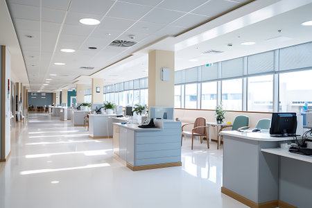 The decoration of the nursing staff's desks inside the new hospital building is beautiful and pleasing to the eye.の素材