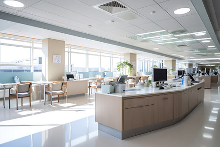 The decoration of the nursing staff's desks inside the new hospital building is beautiful and pleasing to the eye.の素材