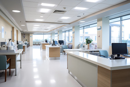 The decoration of the nursing staff's desks inside the new hospital building is beautiful and pleasing to the eye.の素材