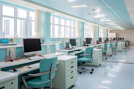 The decoration of the nursing staff's desks inside the new hospital building is beautiful and pleasing to the eye.の素材