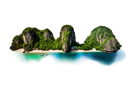 Mountain trees on beautiful sea islands and isolated stones on PNG backgroundの素材
