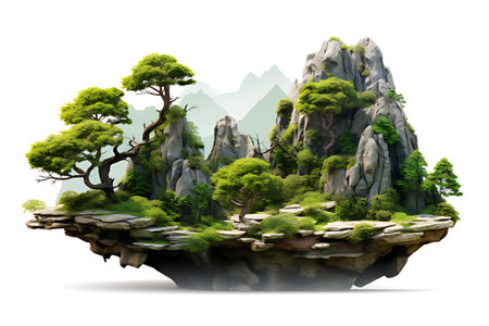 Mountain trees on beautiful sea islands and isolated stones on PNG backgroundの素材