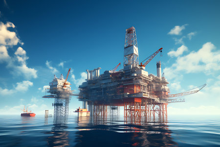 Petroleum drilling rig, offshore drilling rig during sunsetの素材