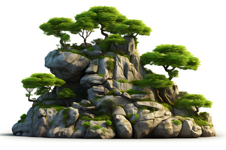 Mountain trees on beautiful sea islands and isolated stones on PNG backgroundの素材