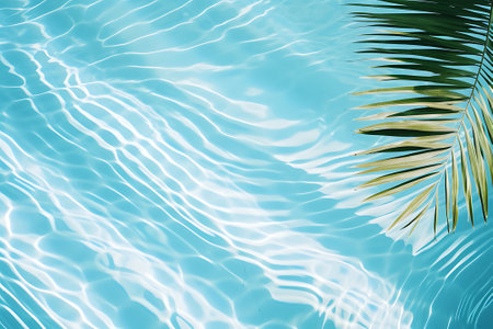 Aqua waves and coconut palm shadow on blue background. Water pool texture top view In the summerの素材