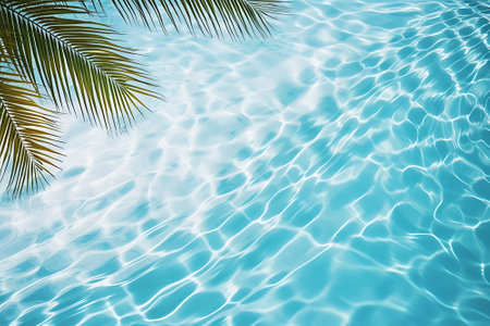 Aqua waves and coconut palm shadow on blue background. Water pool texture top view In the summerの素材