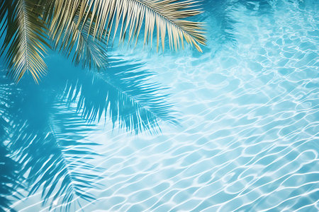 Aqua waves and coconut palm shadow on blue background. Water pool texture top view In the summerの素材
