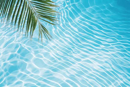 Aqua waves and coconut palm shadow on blue background. Water pool texture top view In the summerの素材