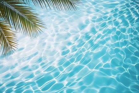 Aqua waves and coconut palm shadow on blue background. Water pool texture top view In the summerの素材