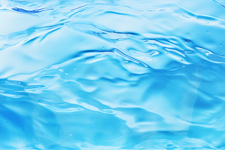 Clear blue water surface with beautiful splashing ripples and soap bubbles. Abstract summer banner backgroundの素材