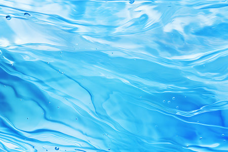 Clear blue water surface with beautiful splashing ripples and soap bubbles. Abstract summer banner backgroundの素材