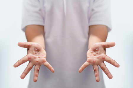 Hand, foot and mouth disease HFMD Human hand of scarlet fever in coxsackievirus palmarosa virus and child hand on white backgroundの写真素材
