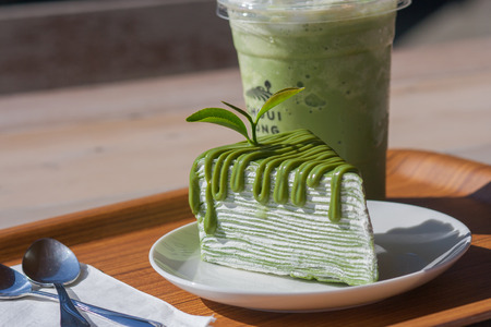 Green tea cake and iced green tea at Cafe and Restaurant.