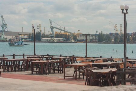 Tropical view of sea and harbor at Laem Chabang Port, Thailand.の写真素材