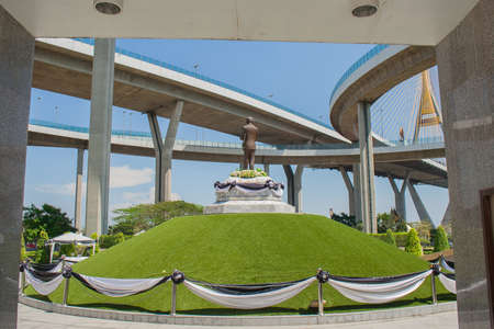 Bhumibol Bridge or Bridge of Industrial Rings is concrete highway overpass and cross the Chao Phraya River, Thailand. Foreign text on the bridge is the name "Bhumibol 1 and 2".の写真素材