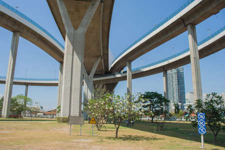 Bhumibol Bridge or Bridge of Industrial Rings is concrete highway overpass and cross the Chao Phraya River, Thailand.の写真素材