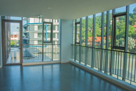 Empty hall room and window with beautiful view.