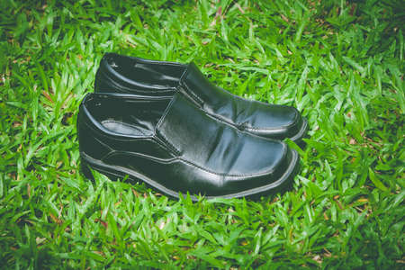 Close up black business shoes with green grass background at outdoor garden. (Autumn filter effect)の写真素材