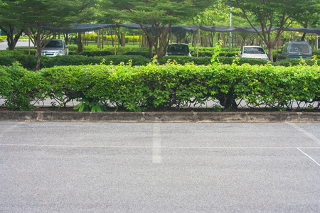 Empty space in parking lot at public park with green bush background.の写真素材