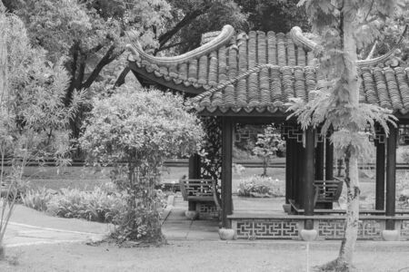 Chinese pagoda surrounded with green trees at public park. (Black and White filter effect)の写真素材