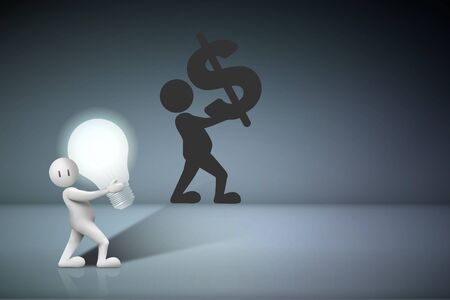 Business Creative and Idea Concept : Business man carry light bulb and shadow of them on gray wall. (3D Illustration)の写真素材