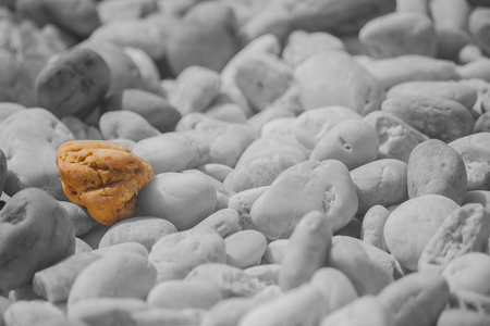 Close up small brown rock in mass of various rocks for garden decoration with black and white...