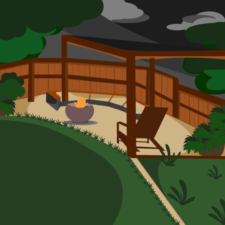 house in the woods, relaxing place, garden relaxation area, drawing, flash design, drawing cartoon,	Wooden landscapeの写真素材