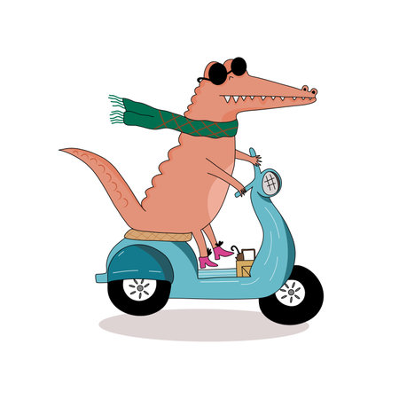 Illustration of a crocodile driving a motorcycle cartoon.のイラスト素材