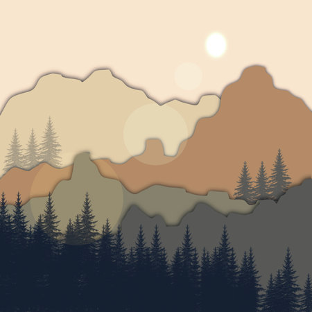 Illustration landscape background with mountains and tree, nature, wallpaperの写真素材