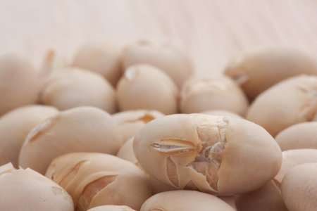 Soy beans on wood backgroundの写真素材