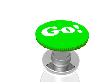 Green button with inscription "Go" isolated in white backgroundの写真素材
