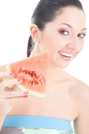 Cute woman with red watermelon on the white background の写真素材