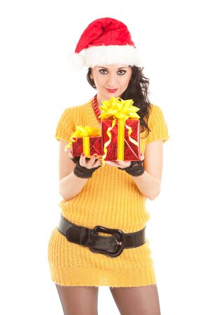 Fun santa woman with christmas giftの写真素材