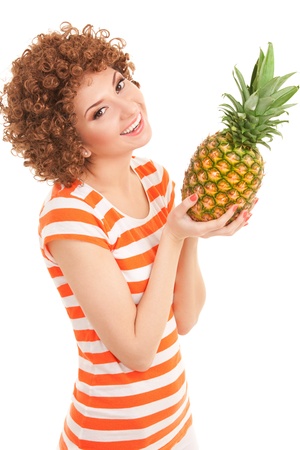 fun woman with pineapple on the white backgroundの写真素材