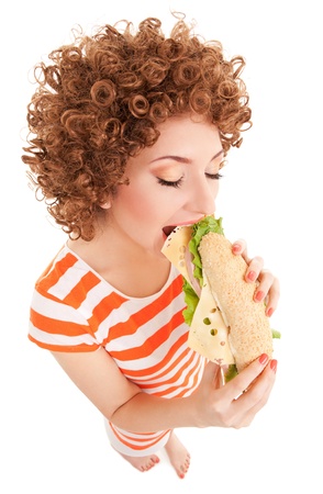 Fun woman with sandwich on the white backgroundの写真素材