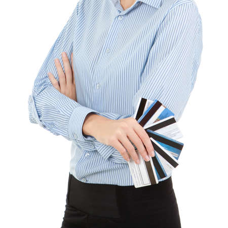 business woman with a bank cards, isolated on the white backgroundの写真素材