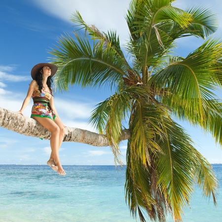 Fashion woman siting upon palm tree on the beachの写真素材