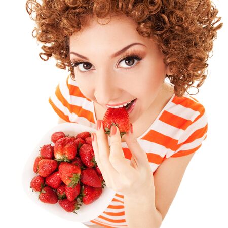 Fun woman with strawberry on the white backgroundの写真素材