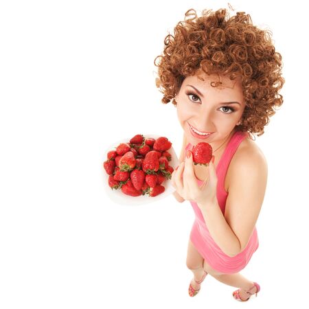 Fun woman with strawberry on the white backgroundの写真素材