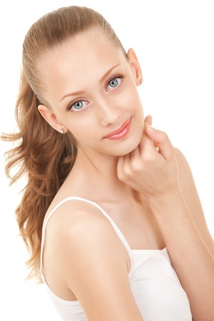 Portrait of young beautiful woman on white backgroundの写真素材