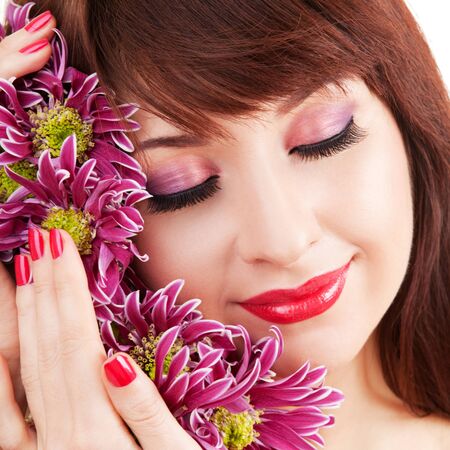 Cute woman face with flowersの写真素材