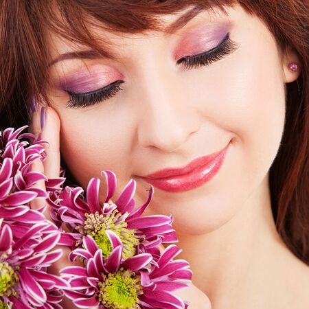 Cute woman face with flowersの写真素材