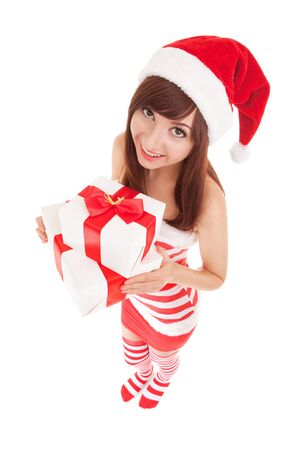 Happy santa woman with gift boxesの写真素材