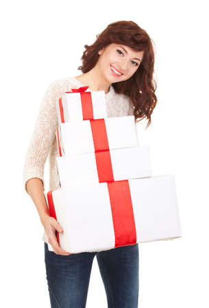Happy woman with gift boxesの写真素材