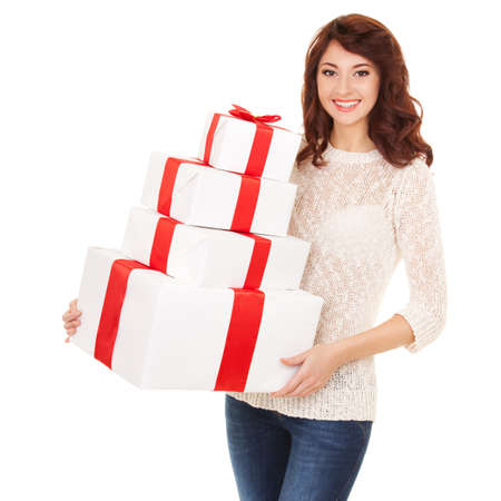 Happy woman with gift boxesの写真素材